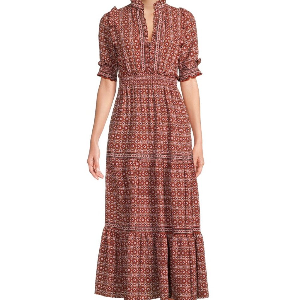 Max Studio Prairie Short Sleeve Tiered Maxi Dress, Boho Floral Cottagecore - XS